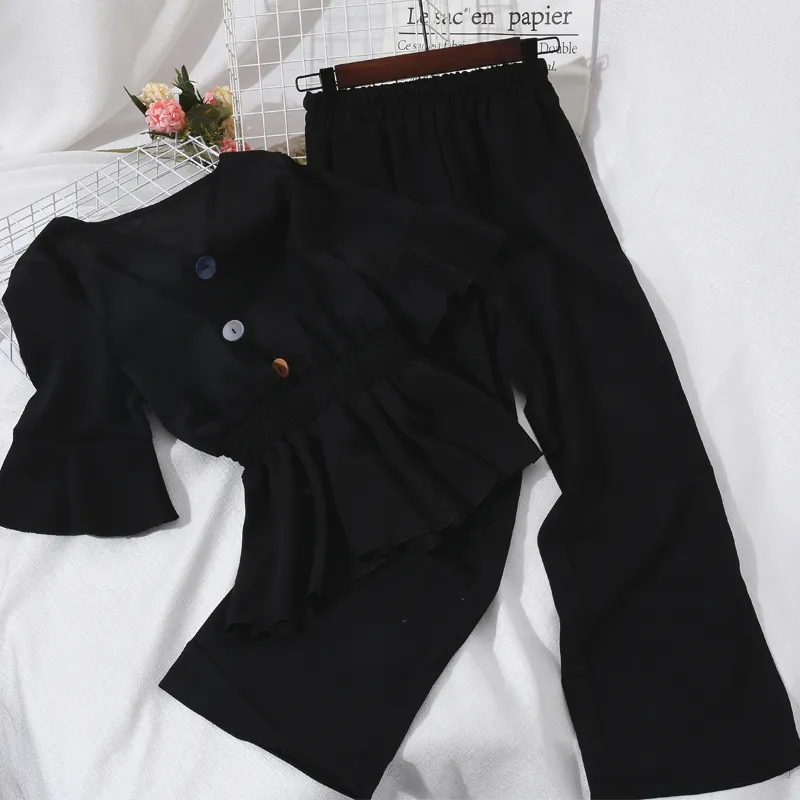 Summer Set Women Sexy V-neck Ruffle Blouse + Wide Leg Pants Korean Chic Suit Female Two-Piece Sets Office Lady 210519