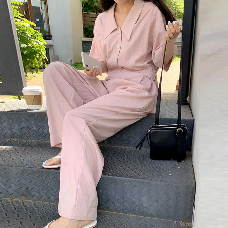 Korejpaa Dames Jumpsuits Zomer Niche Gentle Pink Revers Single-Breasted Taille Gesp Kort Mouwen Casual Wide-Leg Jumpsuit 210526