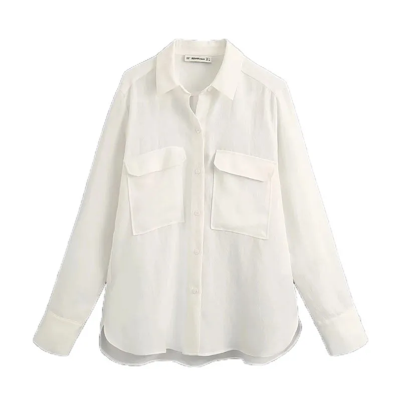 Tasche moda donna Camicette larghe Colletto bavero vintage Camicie laterali a maniche lunghe Camicie femminili chic Nero Bianco 210520