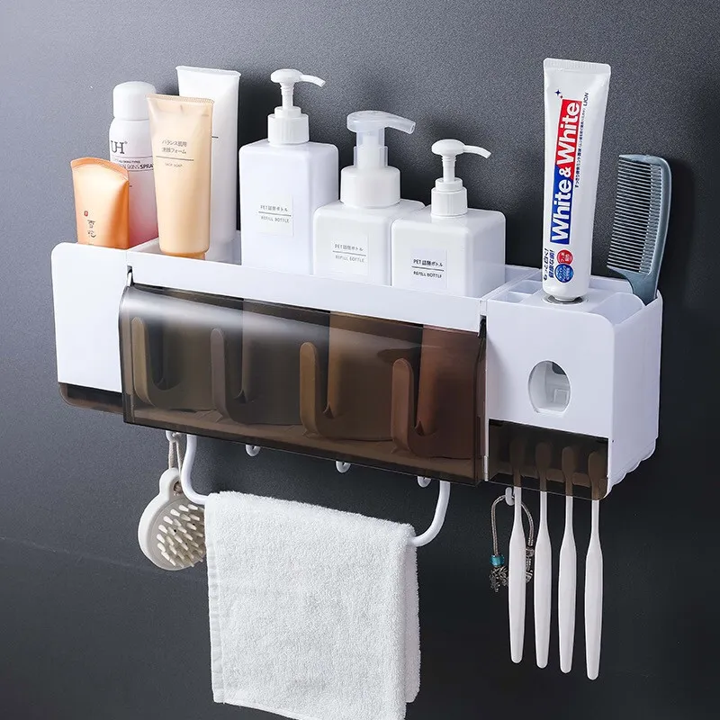Nouveau porte-brosse à dents distributeur automatique de dentifrice avec tasse support mural accessoires de toilette support de rangement ensemble d'accessoires de salle de bain 210322