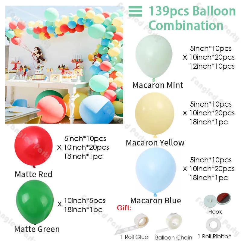 139 Matte Red Green Balon Garland Macaron Mint Yellow Baby Baby Shower Balons Arch Birthday Party Płeć Dekoracje X01932