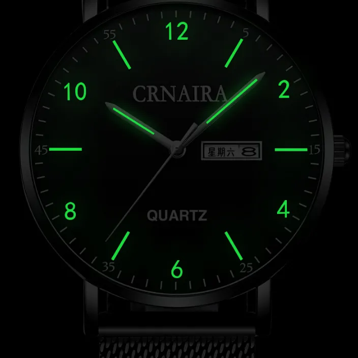 Crnaira Black Steel Mesh Band Quartz Mens Watches luminous Calendar Watch Big 3 Handsカジュアルビジネススタイリッシュな男腕時計248U