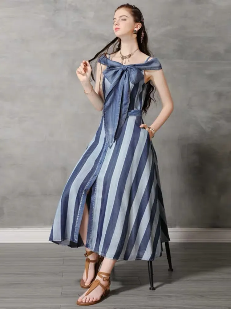 vintage slash cou patchwork rayé maxi robes printemps arraival simple boutonnage bleu foncé avec ceinture chic 210421