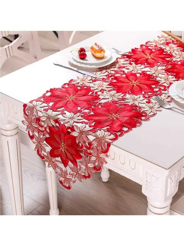 Double Épaisseur Rouge Rustique Cutwork Brodé Floral Chemins De Table Décorations De Noël De Haute Qualité Pour La Maison À Manger 210628