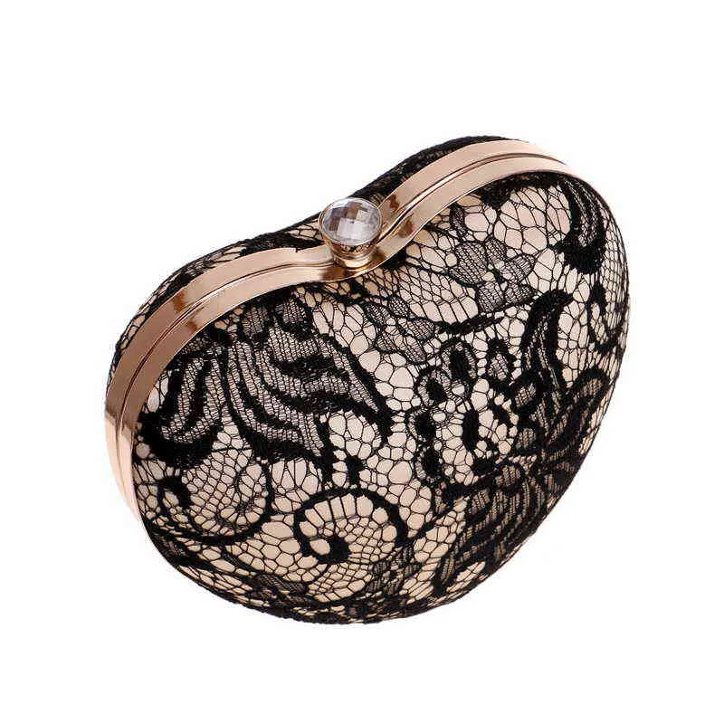 Evening Bags Heart Design Day Clutch Hollow Out Party Wedding Evening Bags Lace White Black Color Shoulder Chain Handbags Purse 220314