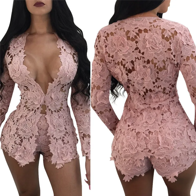 Summer Autumn Sexy Women Two Piece Sets Women Hollow Out White Lace Floral Deep V Neck Long Sleeve Top and Short Pant Suits X0428