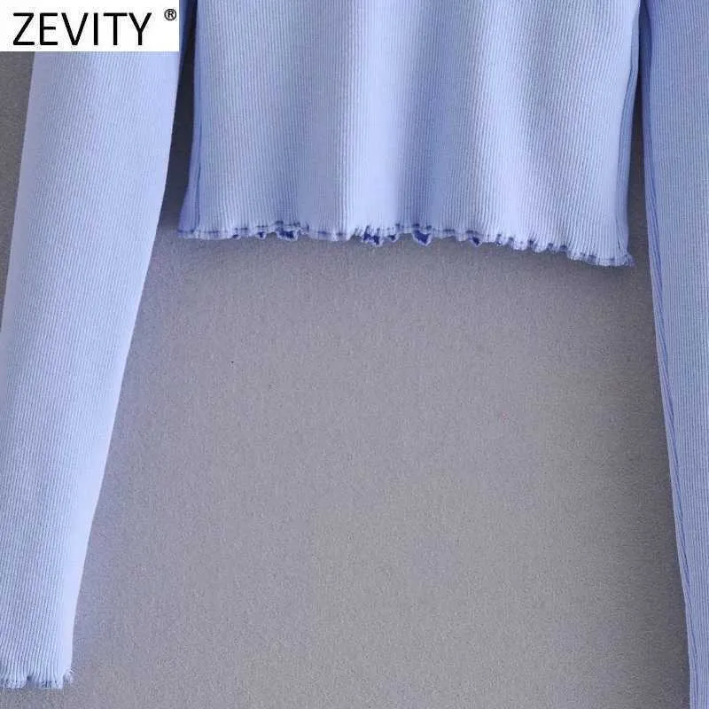 Zevity femmes simplement col en V fendu couleur unie court Chic t-shirt dames à manches longues ourlet volants décontracté mince haut court LS7620 210603