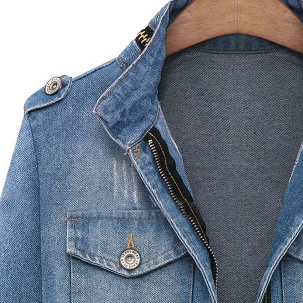 Womens Blue Denim Jacket Turn-down Collar Chain Jeans Jackets pocket Coat Oversize Jean Coats Women Outerwear 2021