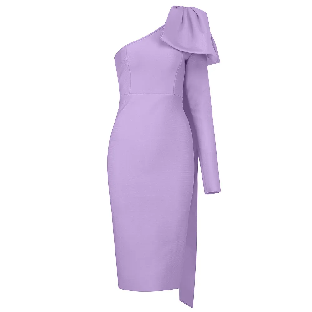 High Quality Runway Bownot One Sleeve Orange Purple Long Sleeve Rayon Bandage Dress Party Bodycon Dress Vestidos X0521