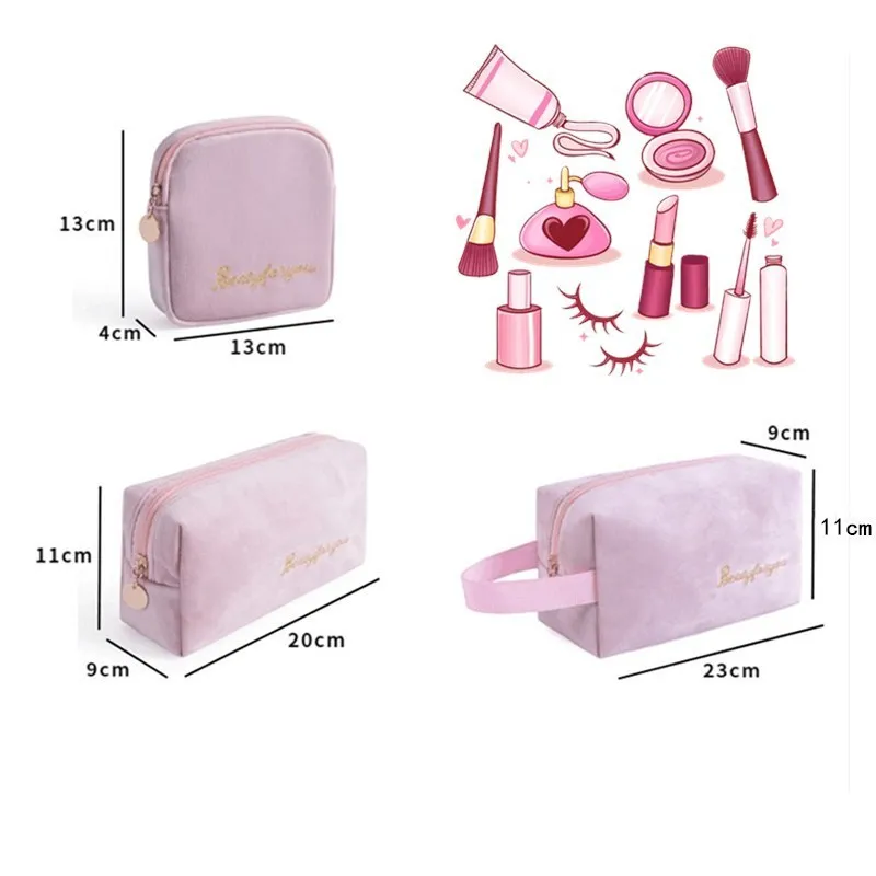 PURDORED Velvet Cosmetic Bag Set Solid Women Makeup Bag Organizer Travel Toiletry Wash Bag Kit Neceser Kosmetyczka 220310