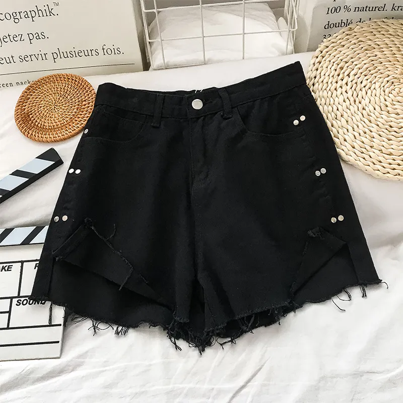 Kimutomo chic hong kong stijl jeans shorts vrouwen zomer hoge straat knoppen split zwart brede been denim shorts casual 210521