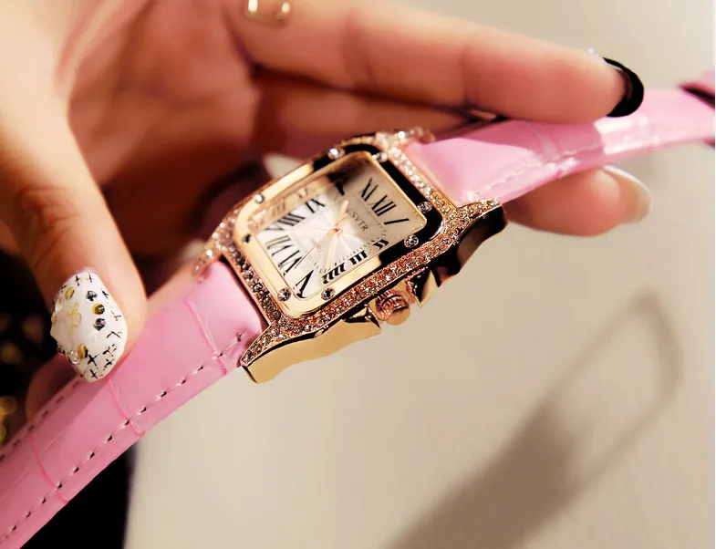 Hermoso reloj femenino vintage con diamantes de imitación, relojes de cuarzo para estudiantes, cinturón de cuero real, reloj de pulsera cuadrado con incrustaciones de diamantes para mujer 2748