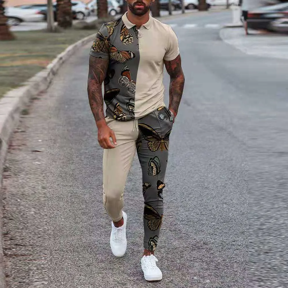 New Two-piece Men Suit Fashion Zipper POLO Shirt+Trousers Stitching Print Casual Jogger Tracksuit Sweatshirt Set For Men Clothes Y0831