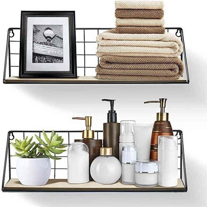 Wandmontage Opslagrek IJzer Drijvende Display Plank Draad Houten Organizer Woonkamer Houder Home Decoratieve Hangende Raster Mand 211112