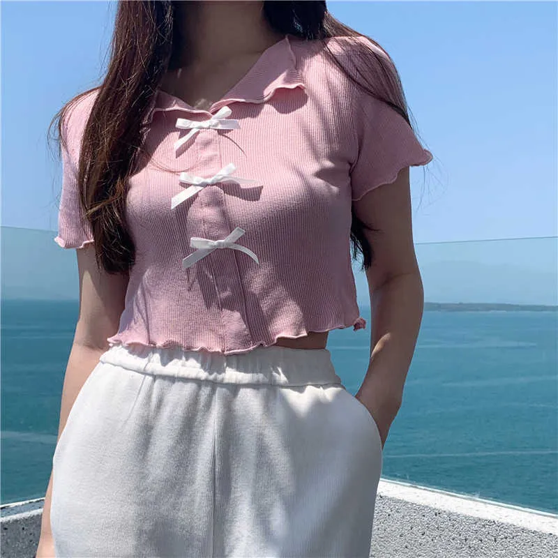 Camiseta Diseño de moda para mujer Minoría Estilo corto Borde auricular Arco Rosa Manga corta Top Verano 210529