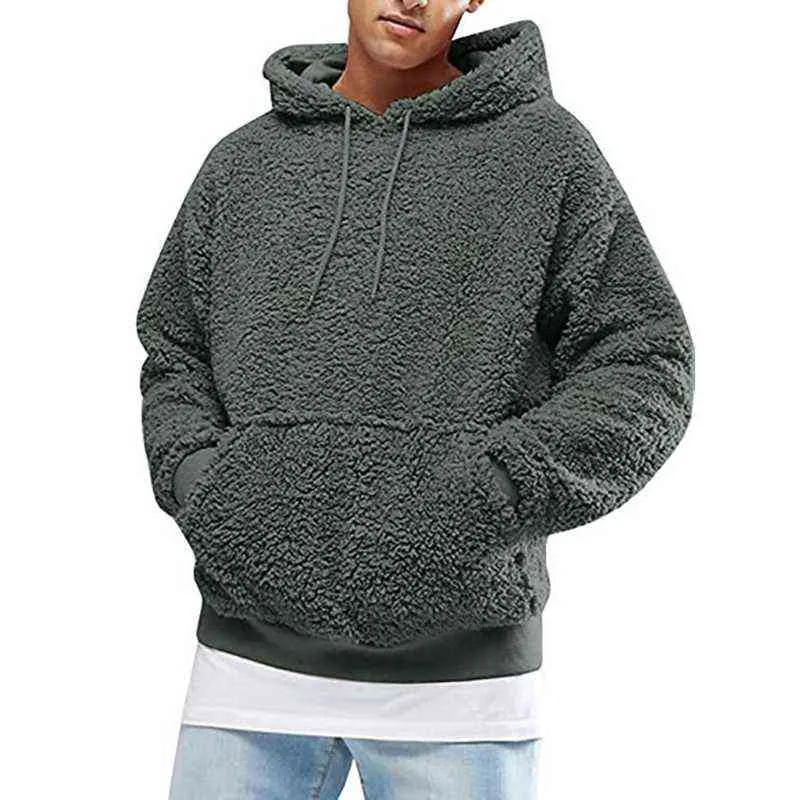 Männer Jungen Winter verdicken Plüsch Langarm Sweatshirt Pullover Kordelzug Hoodie Tops mit Tasche flauschige Känguru-Outwear S-3XL 220114