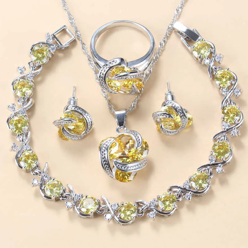 Hawaiian Style Women Silver Color Jewelry Sets Yellow Cubic Zirconia Fashion Summer Accessories12-Colors Jewelry H1022