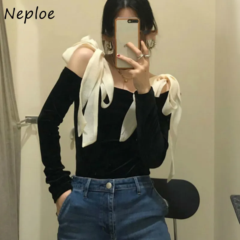 Slash nek Strapless Shoulder Velour Blouse Dames Bow Lace Up Design Slim Fit Blusas Spring Shirt Feminino 210422