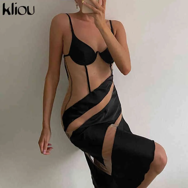 Kliou Patchwork Mesh Durchsichtig Sexy Hot Mini Kleid Frauen Bikini Strap Backless Seite Schlitz Party Clubwear Bodycon Kleider Y1204