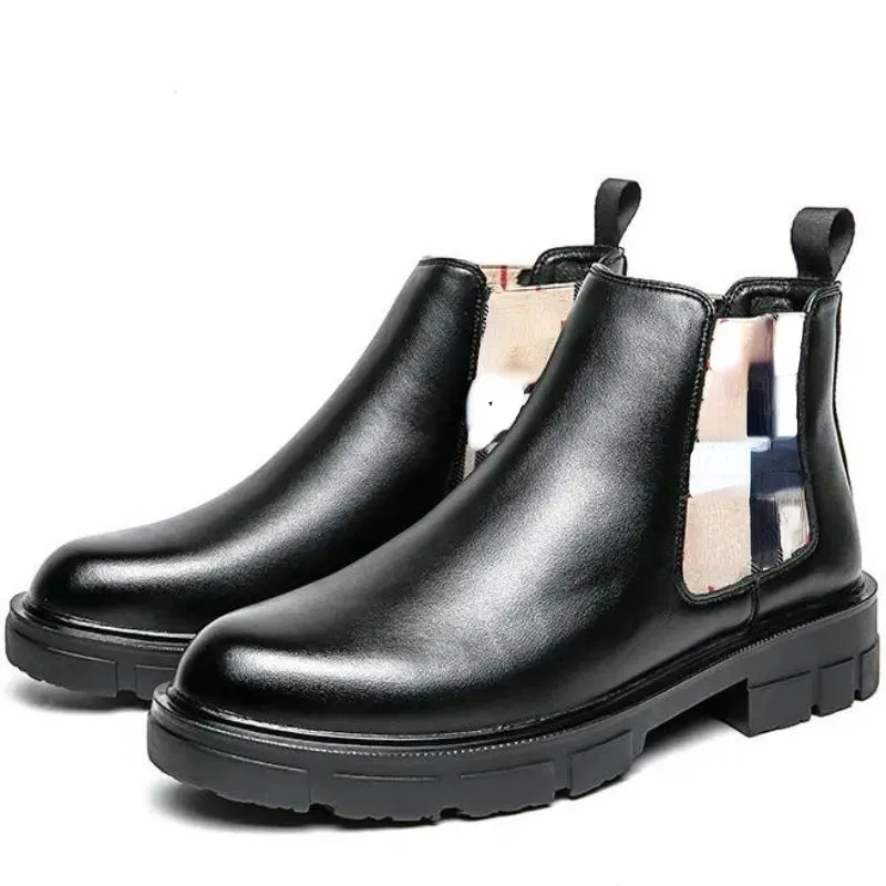 첼시 부츠 발목 패션 Botines 2021 새로운 솔리드 남성 신발 봄 가을 슬립 간결한 연회 라운드 발가락 PU 가죽 클래식 편안한 드레스 DH555-1