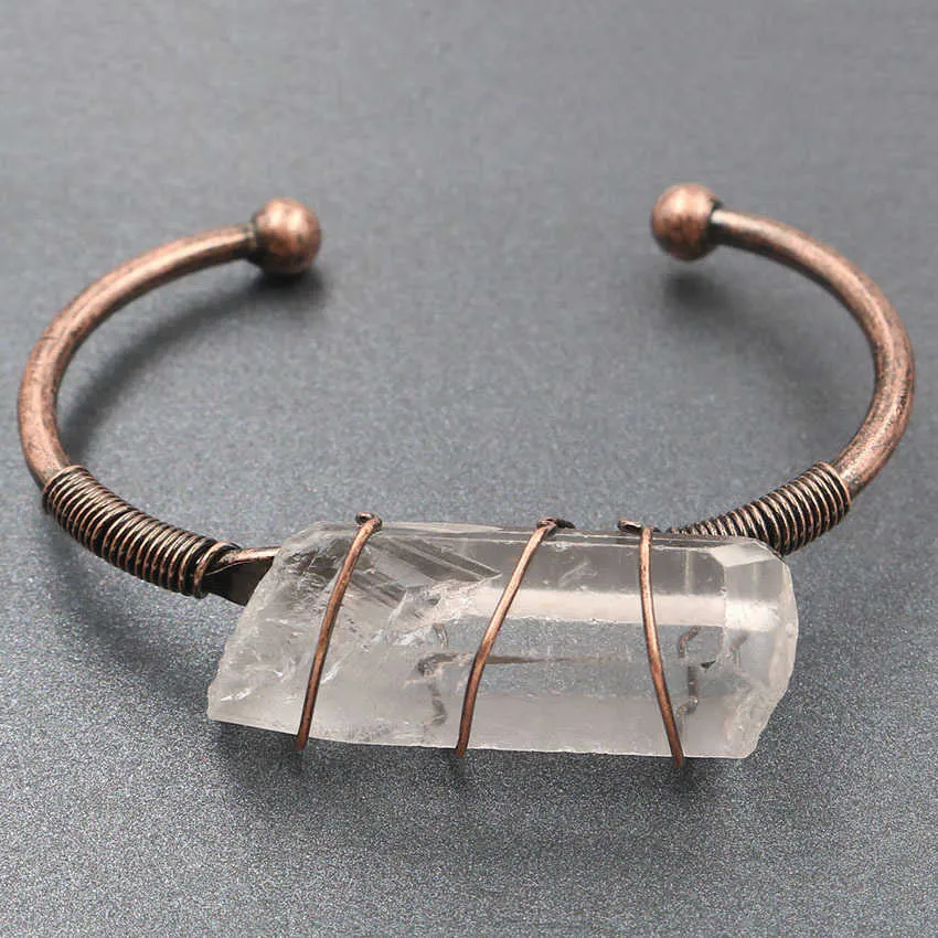 Wire Wrap Raw Mineral Kristall Stein Armreifen Naturstein Klarer Quarz Armreifen Armbänder Offene Manschette Kupfer Armreifen Weiblichen Schmuck Q1098967