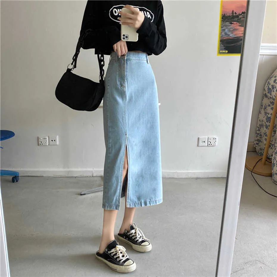 Chic harajuku jeans kjol kvinna höst split sexig denim femme hög midja lång s vintage sida dragkedja Saia 210621