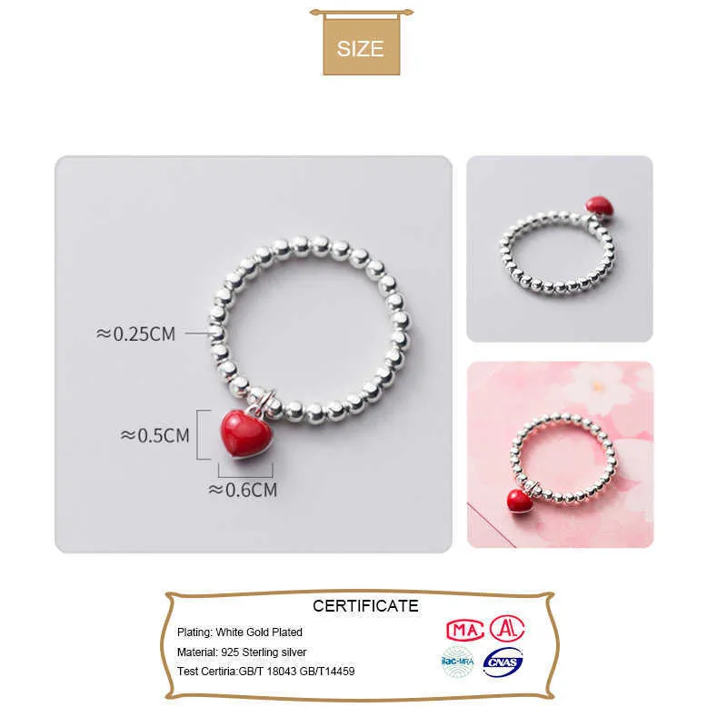 TrustDavis Minimalist Real 925 Sterling Silver Swill Beads Red Heart Elastic RingsレディースウェディングパーティーS925ジュエリーDA1376 x0715