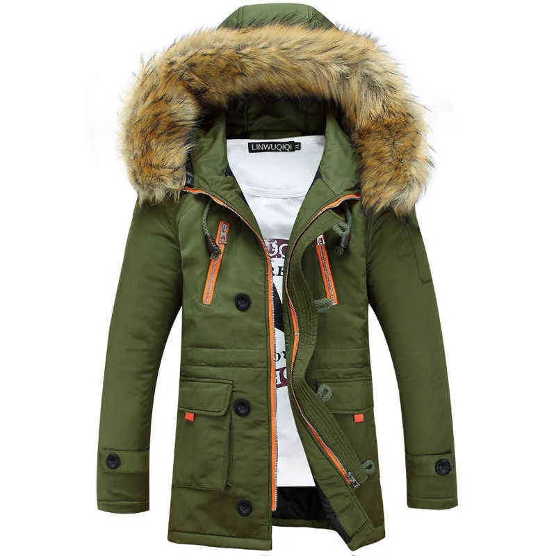 Mäns Klädsel Vinter Jackor Faux Fur Collar Long Parkas Men Outwear Hooded Windbreaker Coats Male Outdoor Snow Jacket Kläder 211206
