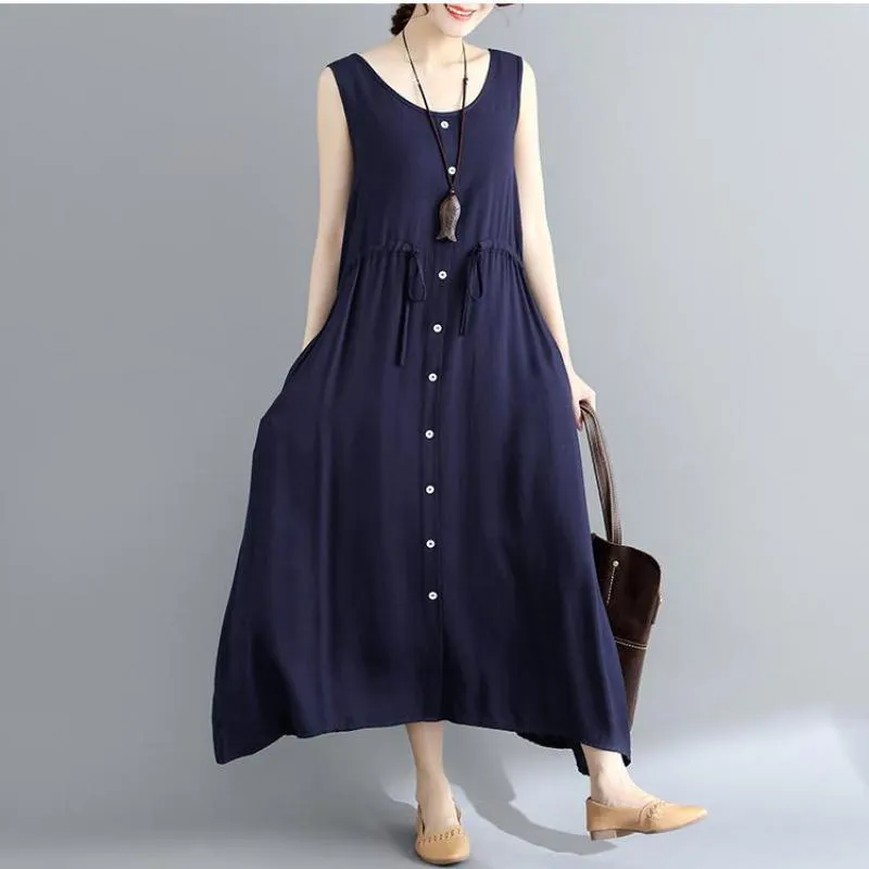 Johnature Summer Cotton Linen Women Dress Vintage Loose Comfortable O-neck Solid Color Plus Size Sleeveless Vest Dress 210521