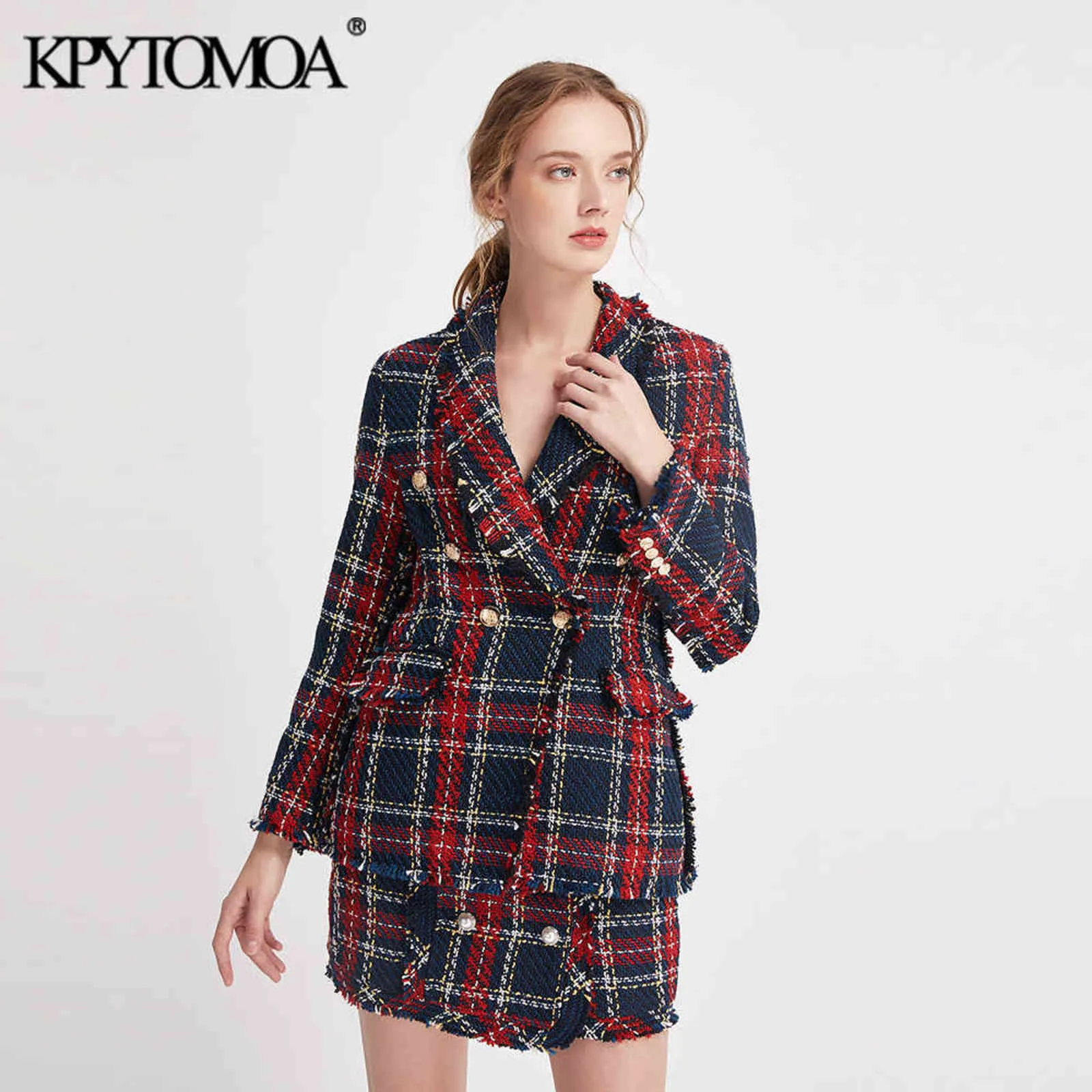 KPYTOMOA Femmes Mode Double Boutonnage Effiloché Tweed Blazers Manteau Vintage À Manches Longues Femelle Survêtement Chic Tops 211122