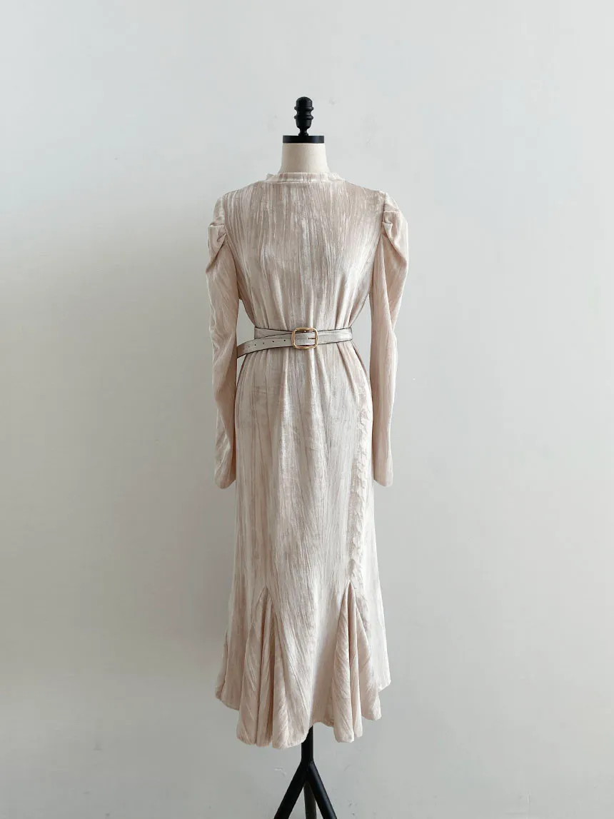 Vintage Elegant O-neck Women Velvet Dress Full Sleeve Belted Slim Waist Female Meimaid Spring Fashion Vestidos 210518