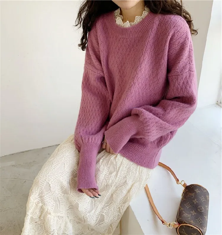 Koreanska stil Kvinnor Kläder Chic Sweaters Fake Lace Stitch Pull Jumpers Solid Pure White Twisted Stick 210430