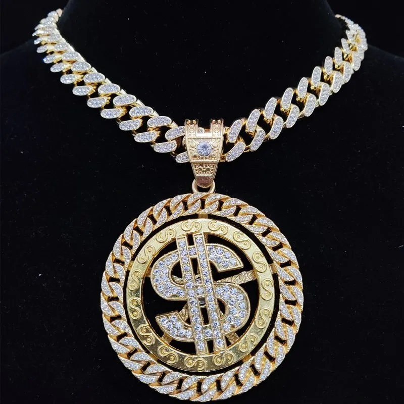 Mężczyźni Hip Hop lodowe bling obrotowy dolara wisiant Naszyjnik 1m szerokość łańcucha kubańskiego Hiphop Naszyjniki moda urok biżuterii 220222
