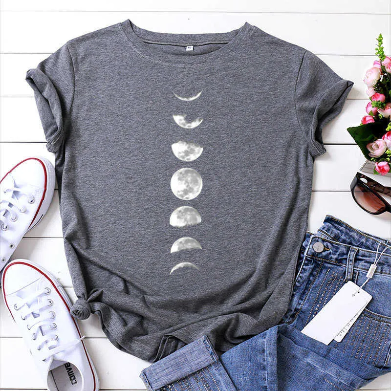 JCGO Sommer T-shirt Frauen 100% Baumwolle Mond Planet Raum Druck Plus Größe S-5XL Oansatz Kurzarm Mode Casual Tee tops 210702