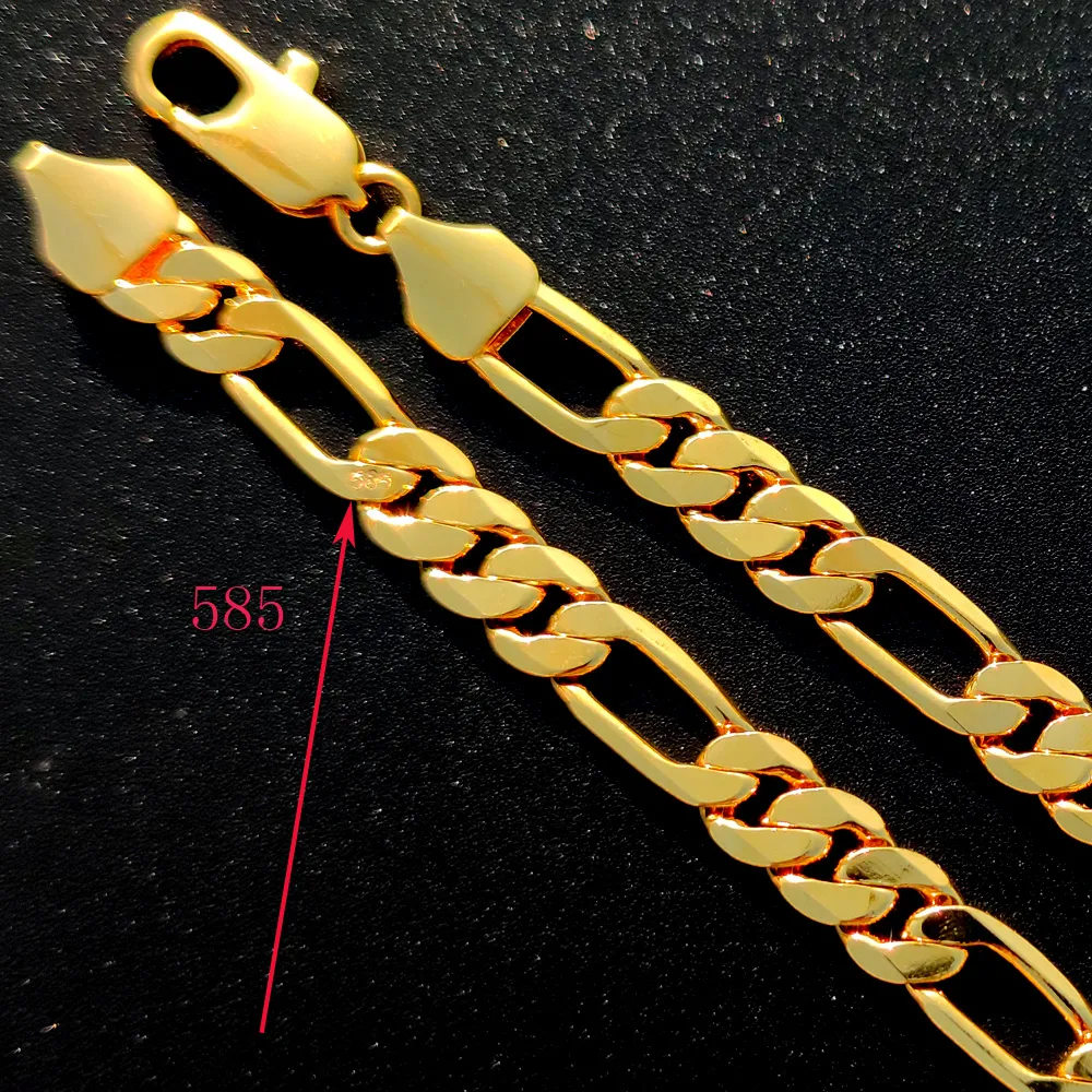 Necklace Chain Real 18 k Yellow G F Gold Solid Fine Stamep 585 Hallmarked Men's Figaro Bling Link 600mm 8mm251e