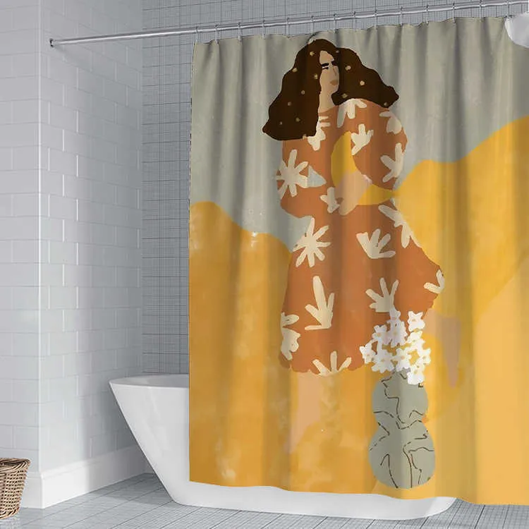 Maiden Pink Nordic Illustration Rideau De Douche Imperméable Anti-moisissure Imprimé Salle De Bains Cortinas De Design Moderne 210915