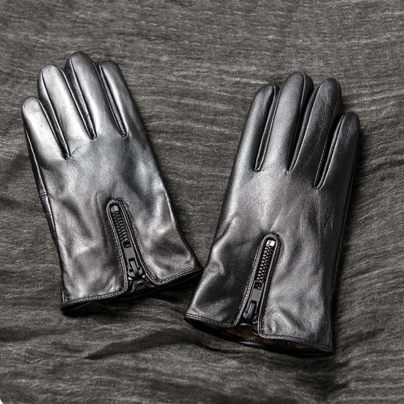 Gant en cuir véritable noir doublé de fourrure pour hommes conduite moto doigt complet gants en cuir véritable écran tactile avec fermeture éclair NR120 H1022