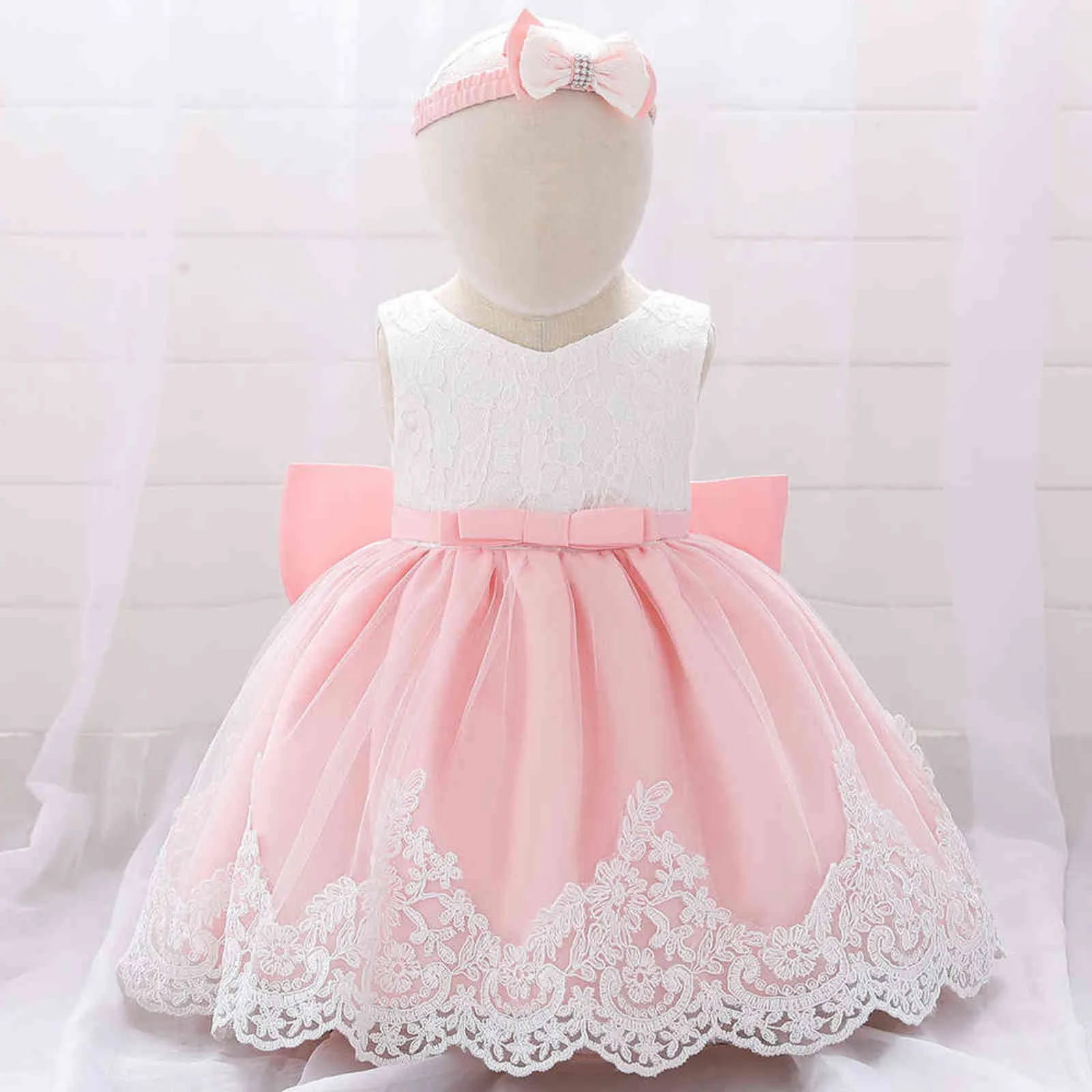 Robe d'anniversaire blanche pour bébé fille de 1 an 2 ans, robe de baptême en dentelle avec nœud, robe de princesse de fête formelle pour petite fille, KF1042 G1129