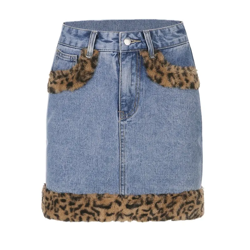 Muyogrt Leopard Fur Edge Denim Spódnica Kobieta Preppy Style School Girls 90. Estetyczne Streetwear Wysokiej Pięci Mini Spódnice Y2K Jeans X0428