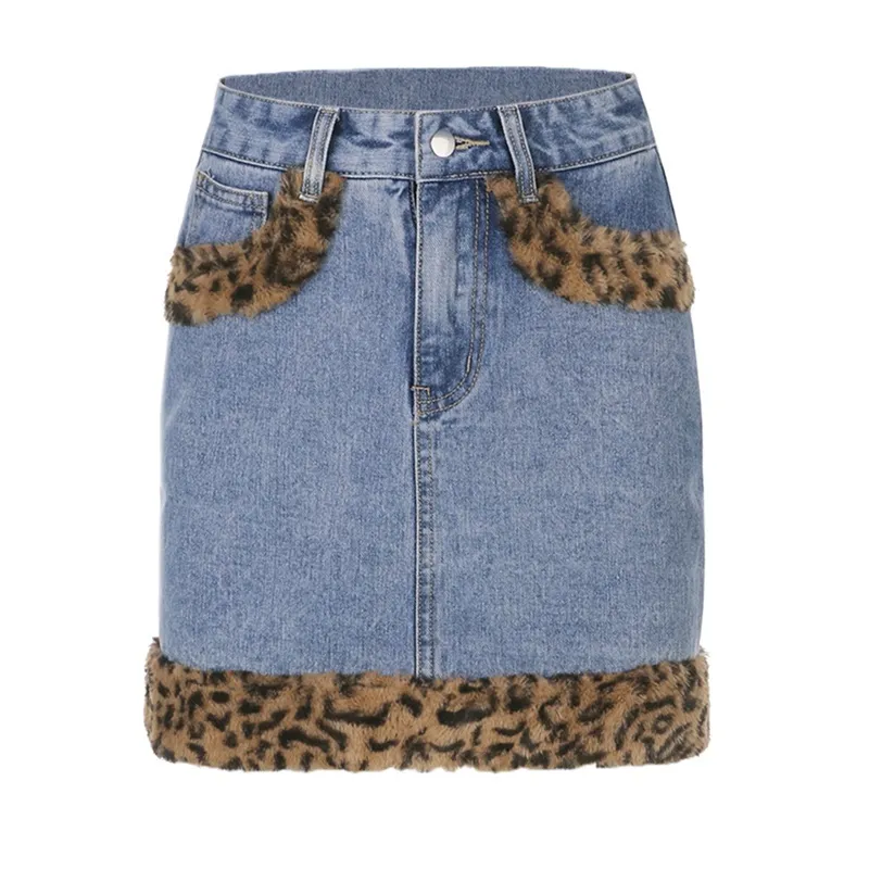 Muyogrt Leopard Pelz Rand Denim Rock Frau Preppy Stil Schule Mädchen 90er Jahre Ästhetische Streetwear Hohe Taille Mini Röcke Y2K Jeans X0428