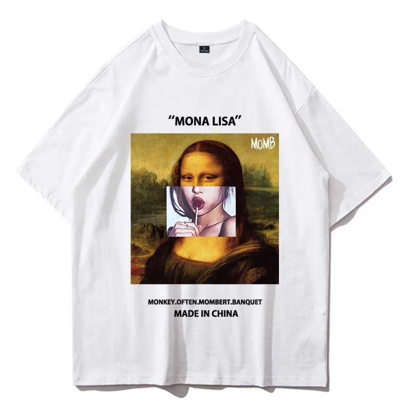 Męskie Funny Kuso Mona Lisa Oil Drukuj O-Neck Koszulki Koszulki Koszulki 210527