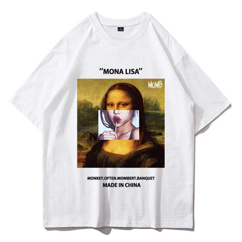 Mens Rolig Kuso Mona Lisa Oljetryck O-Neck T-shirts Grafisk T-shirts 210527