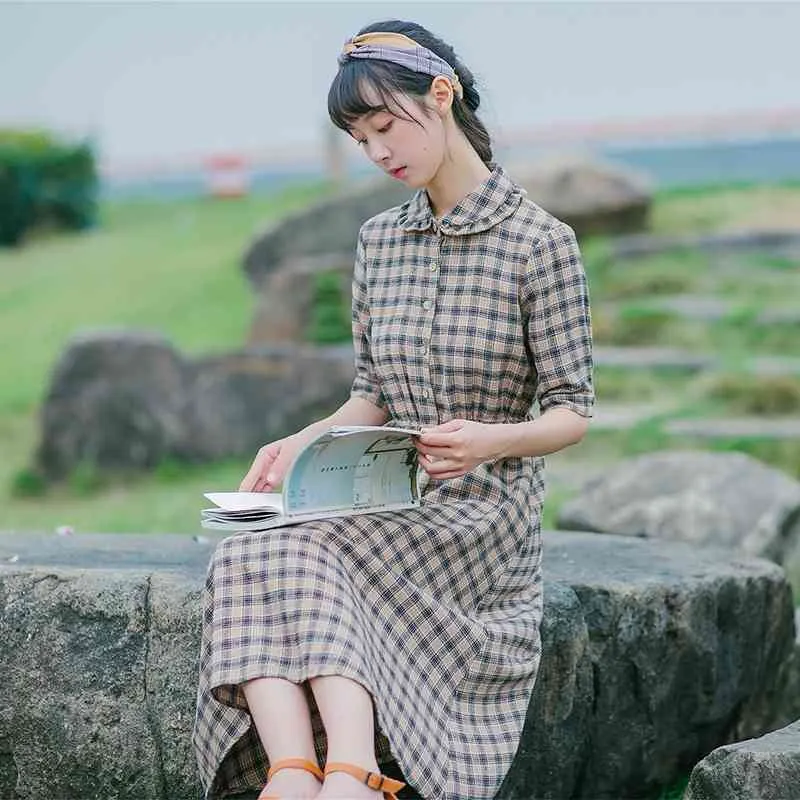 Mori Girl Summer Dress Fashion Women Short Sleeve Plaid Vintage es Peter Pan Collar Female Cotton Linen Vestidos 210520