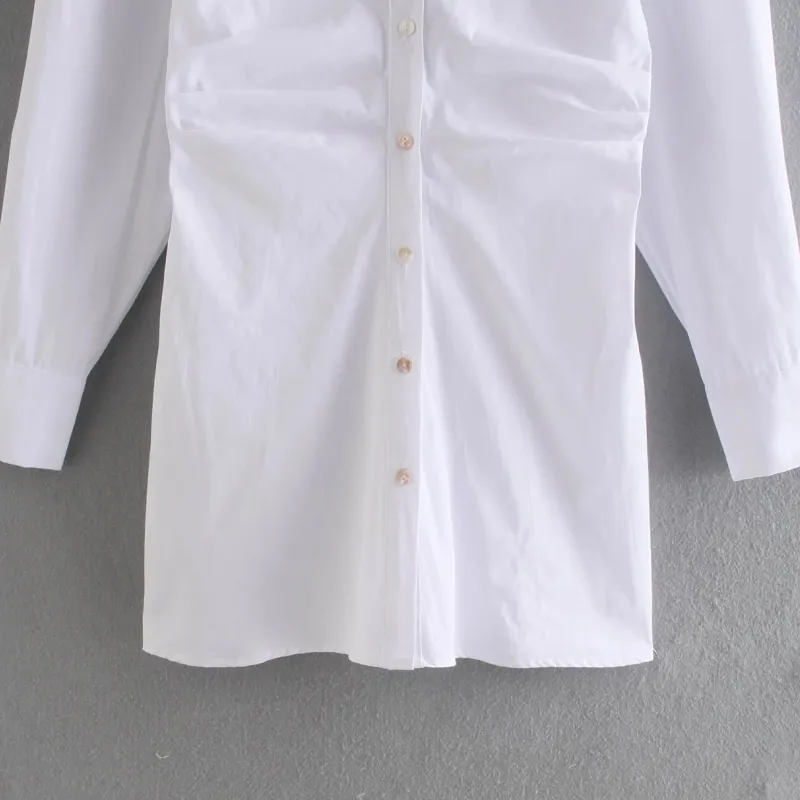 Summer Women Pleated Decoration Slim White Mini Shirt Dress Casual Female Long Sleeve Clothes Office Lady Vestido D7656 210430