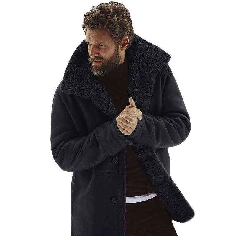 Hommes hiver polaire épais manteau chaud vêtements d'extérieur tranchée veste en cuir à manches longues fourrure 211204