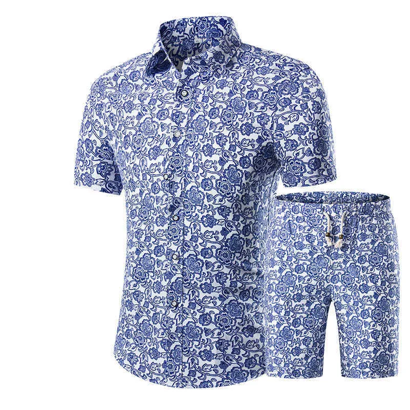 Zomer Hawaiian Trainingspak Mannen Casual Mode Bloemen Print Shirts + Shorts Set Heren 2 stuks Set Beach Suits Male Cool Kleding 210714