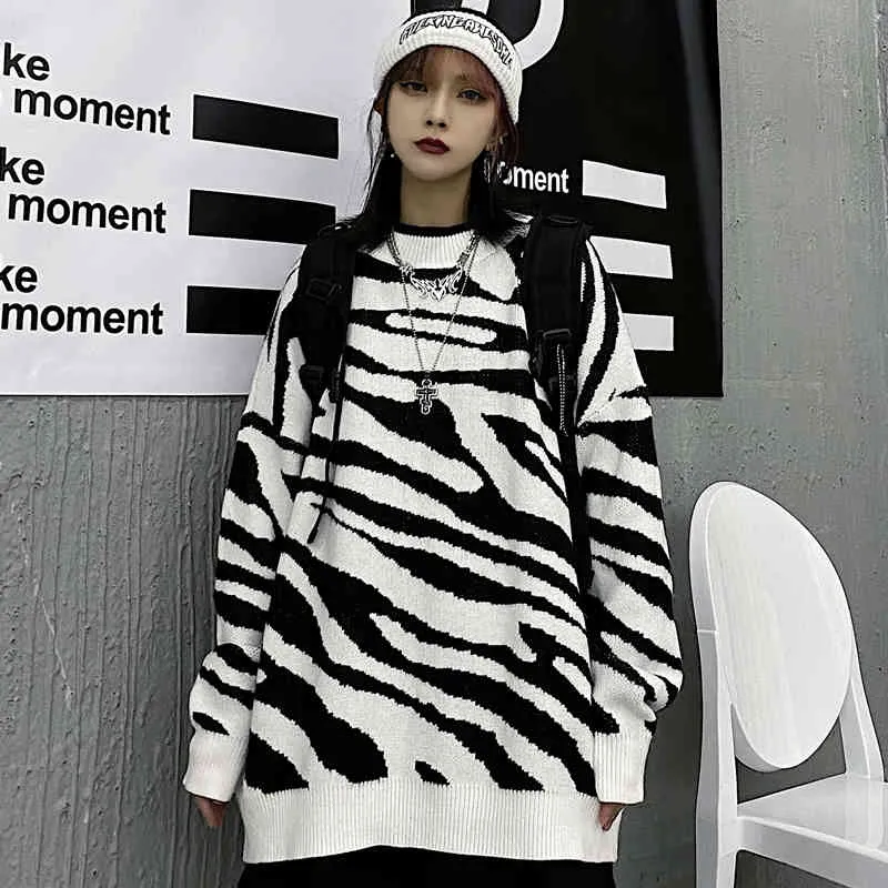 Korobov koreanska hajuku o neck långärmad zebra mönster pullovers vintage streetwear chic överdimensions super mujer new jumper 210430