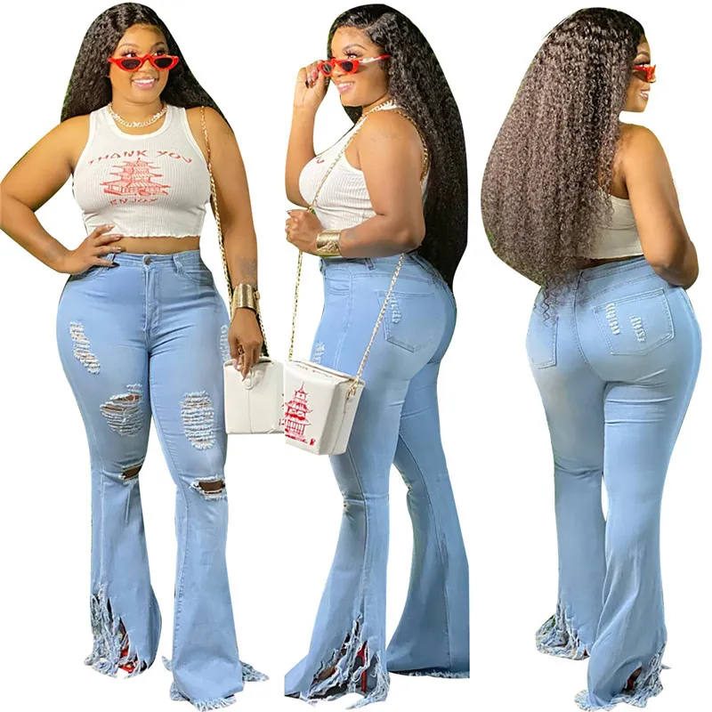 Femmes Jeans Bell Bottom Ripped Skinny Hole Classique Taille Haute Flare Denim Zipper Bouton Plus Taille 3 Couleurs Pantalon 210522