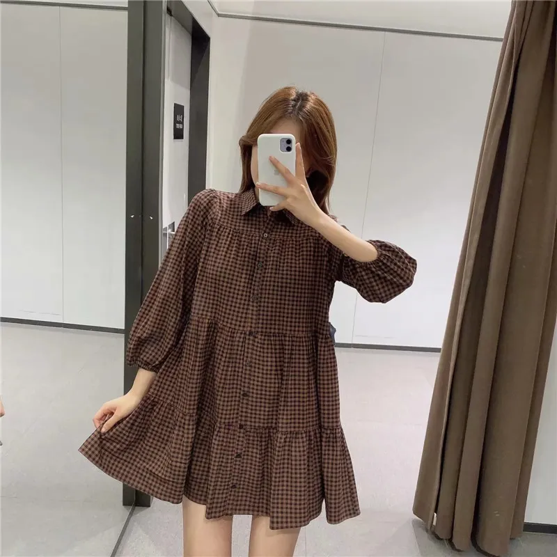 Vintage Gingham Plaid Mini Jurk Dames Herfst Winter Collared Puff Sleeve Ruffle Woman Harajuku Losse Casual ES 210519