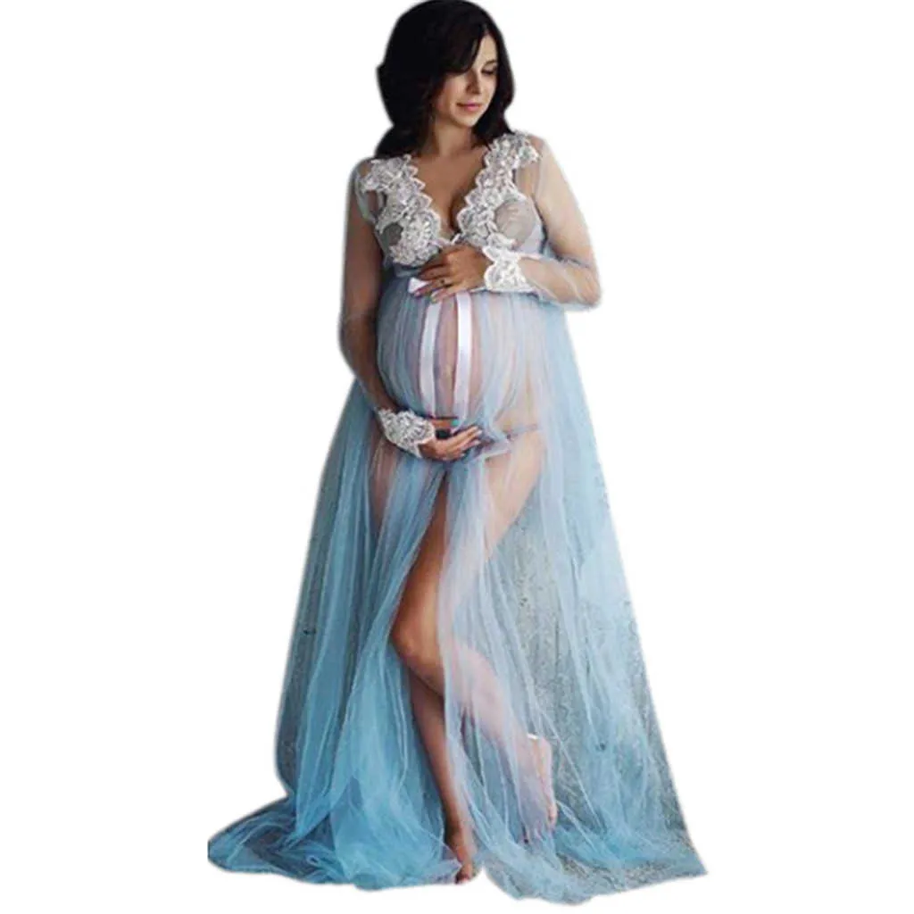 Pizzo scava fuori abito di maternità abiti servizio fotografico o baby shower volant tulle chic abiti da donna camicia da notte fotografia abito Y0924